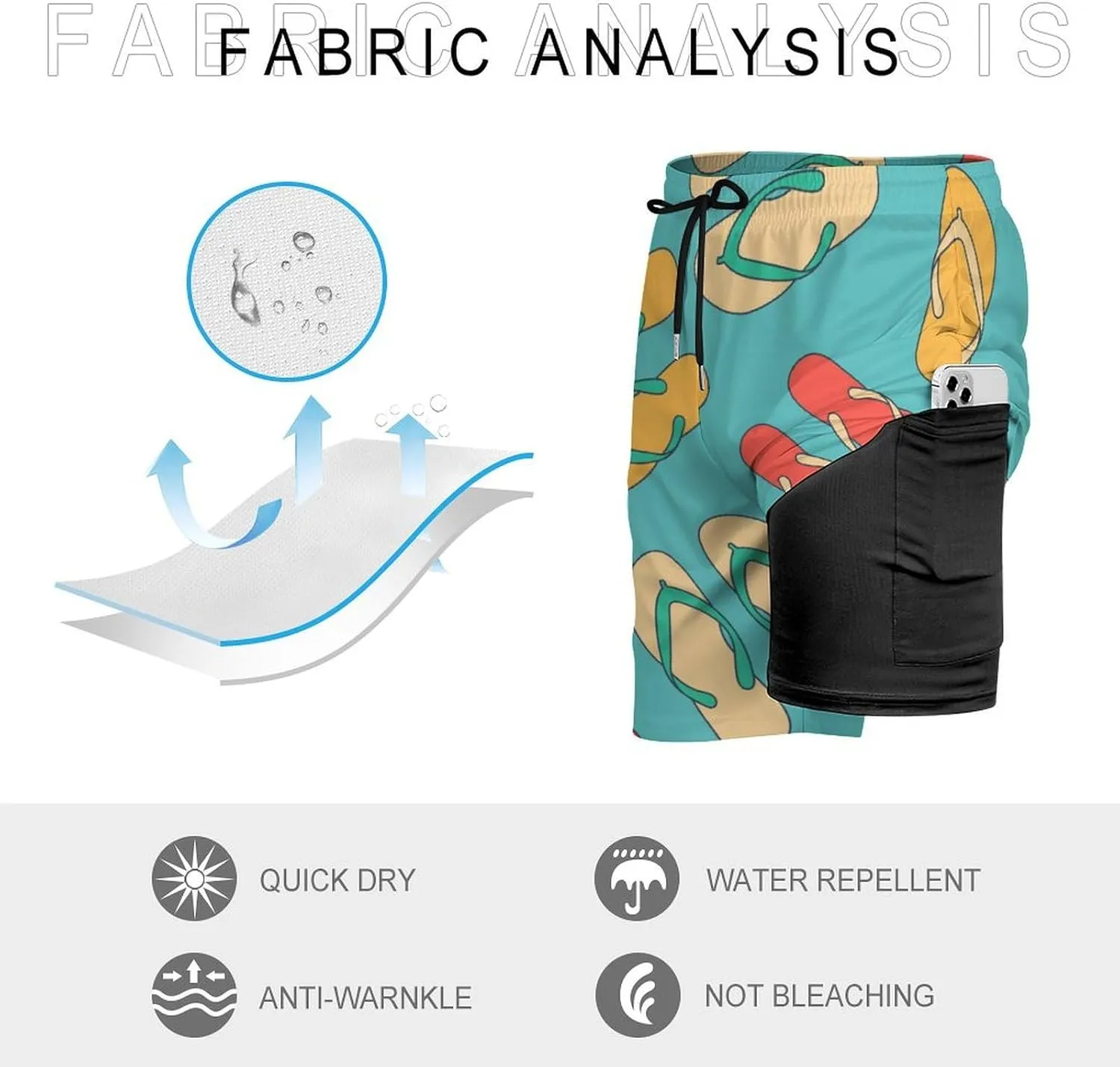 Men's Swim Trunks Colorful Slippers Board Shorts with Compression Liner Quick Dry with 4 Pockets