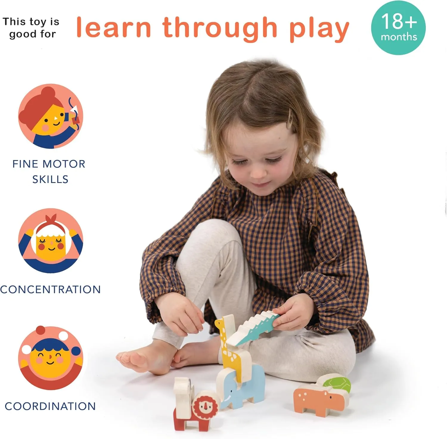 Mentari Toys - Happy Stacking Safari - 7pc Wooden Stacking Toy for Toddlers - Colorful Safari Balancing Activity Toy with Bag - Boost Fine Motor Skills and Dexterity - Educational Toy - Age 18m 