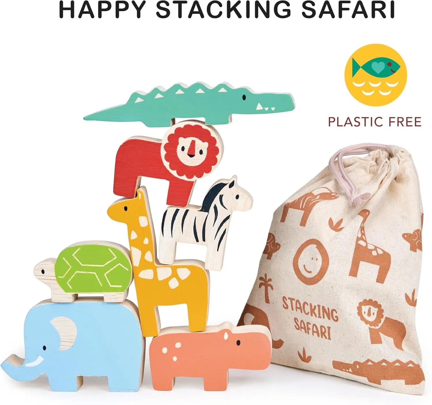 Mentari Toys - Happy Stacking Safari - 7pc Wooden Stacking Toy for Toddlers - Colorful Safari Balancing Activity Toy with Bag - Boost Fine Motor Skills and Dexterity - Educational Toy - Age 18m 