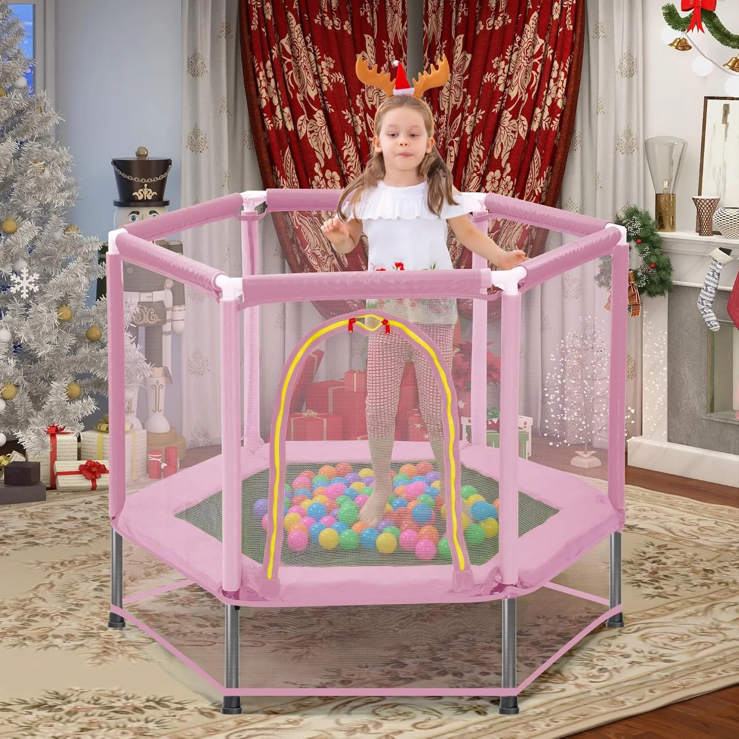 Merax 55" Mini Trampoline for Kids, 4.5FT Indoor Outdoor Toddler Trampoline with Safety Enclosure Net and Pit Balls Baby Small Trampoline Birthday Gifts for Girl and Boy Age 3 Months and up,