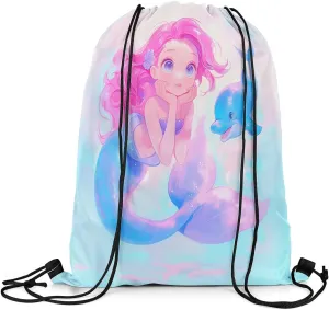 Mermaid Dolphin String Bag 16X13 Inch Ocean Animals Sports Backpack Birthday Gifts Dreamy Fairy Tale Princess Drawstring Bags for Women Gym Shopping Sport Yoga