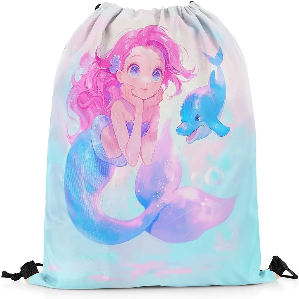 Mermaid Dolphin String Bag 16X13 Inch Ocean Animals Sports Backpack Birthday Gifts Dreamy Fairy Tale Princess Drawstring Bags for Women Gym Shopping Sport Yoga