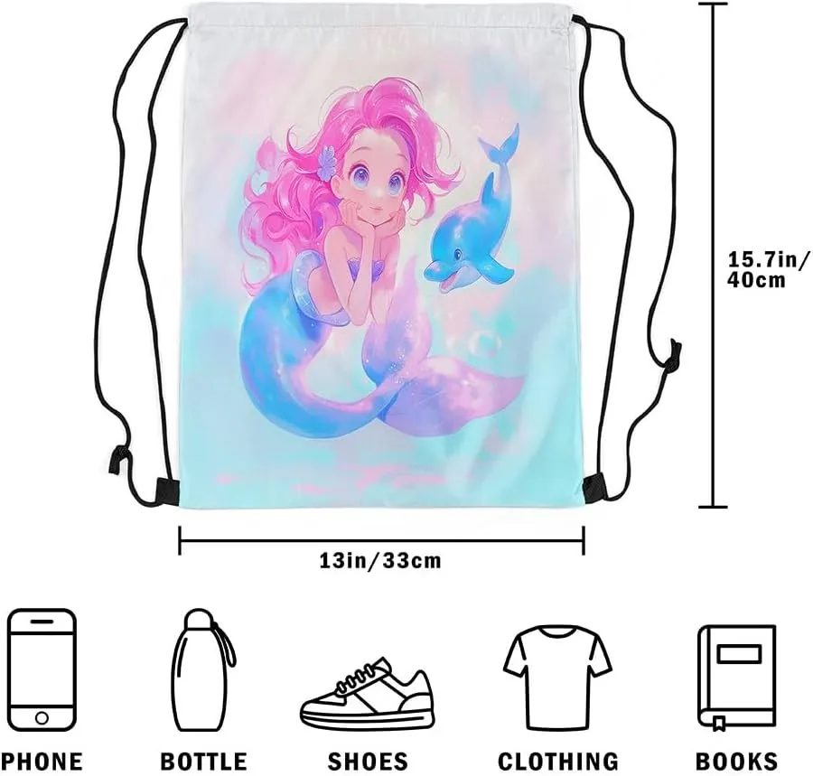 Mermaid Dolphin String Bag 16X13 Inch Ocean Animals Sports Backpack Birthday Gifts Dreamy Fairy Tale Princess Drawstring Bags for Women Gym Shopping Sport Yoga