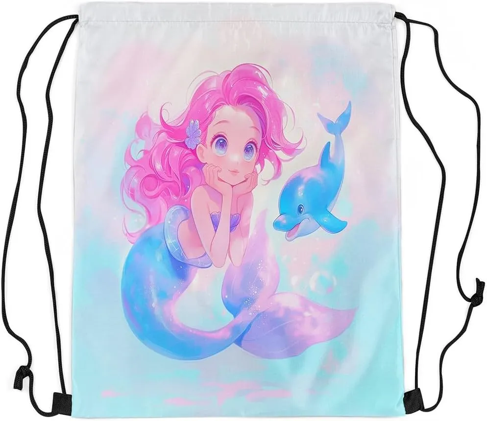 Mermaid Dolphin String Bag 16X13 Inch Ocean Animals Sports Backpack Birthday Gifts Dreamy Fairy Tale Princess Drawstring Bags for Women Gym Shopping Sport Yoga