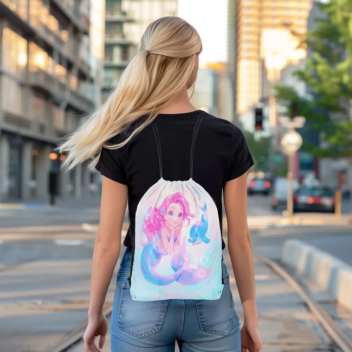 Mermaid Dolphin String Bag 16X13 Inch Ocean Animals Sports Backpack Birthday Gifts Dreamy Fairy Tale Princess Drawstring Bags for Women Gym Shopping Sport Yoga