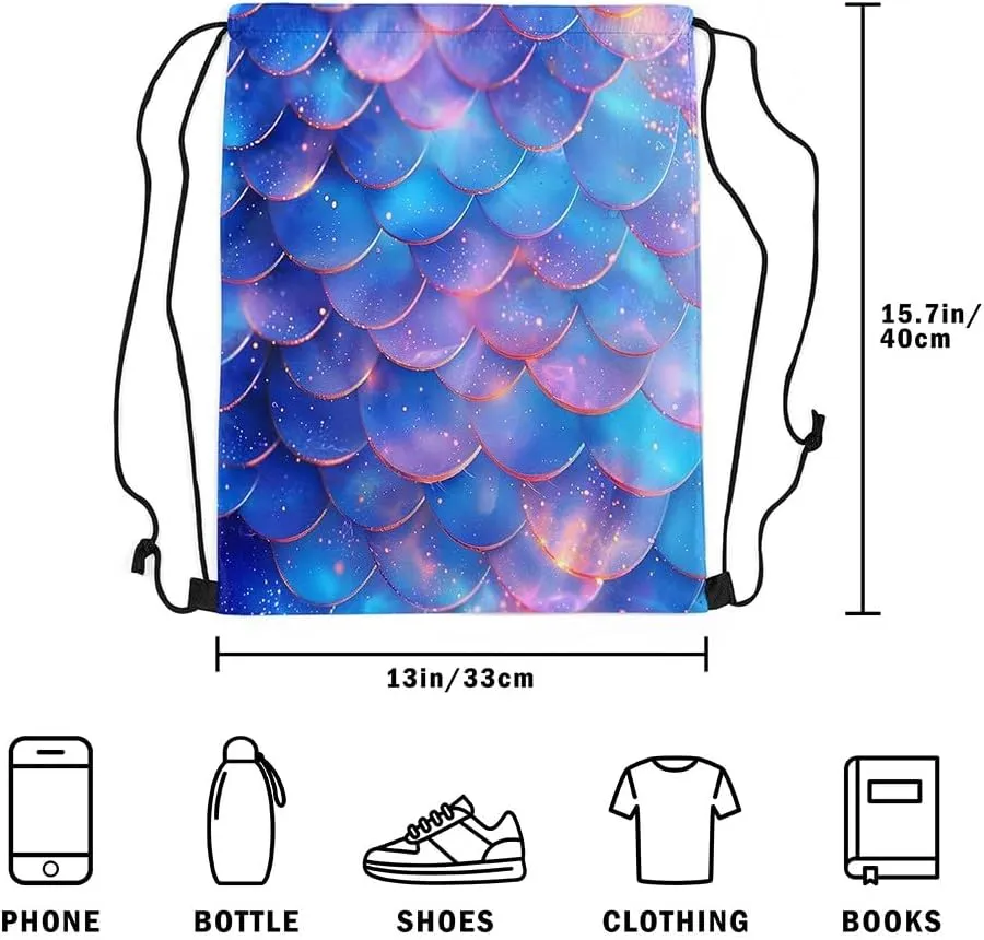 Mermaid Scale Drawstring Backpack 13"X16" Glitter Blue Gradient Sackpack for Gym Sports Fantasy Marine Life Waterproof String Bag for Women Men
