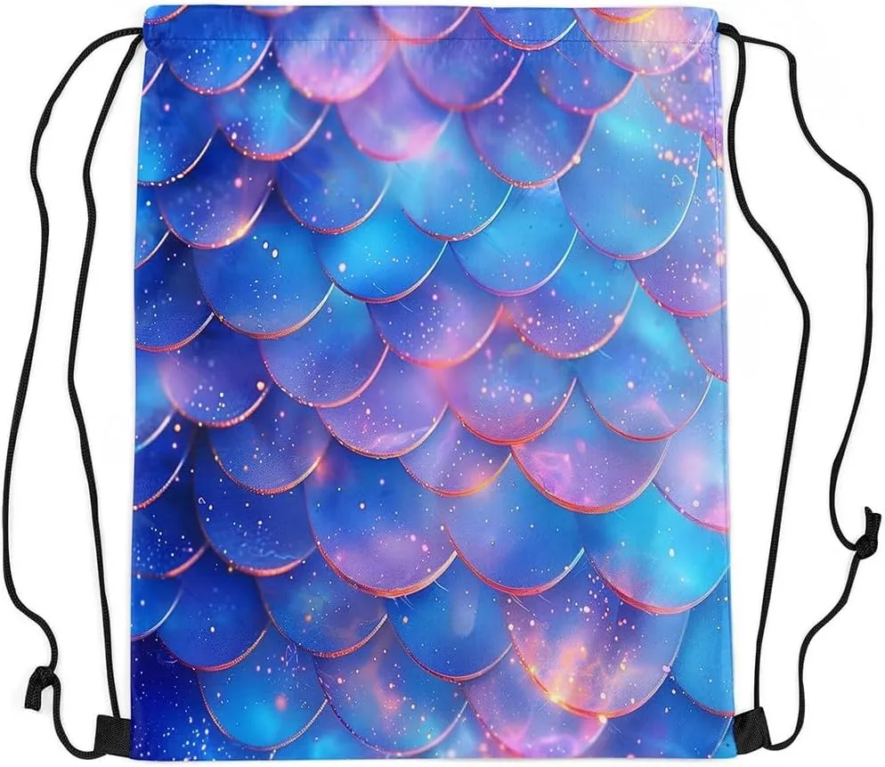 Mermaid Scale Drawstring Backpack 13"X16" Glitter Blue Gradient Sackpack for Gym Sports Fantasy Marine Life Waterproof String Bag for Women Men