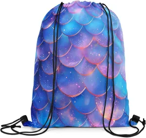 Mermaid Scale Drawstring Backpack 13"X16" Glitter Blue Gradient Sackpack for Gym Sports Fantasy Marine Life Waterproof String Bag for Women Men