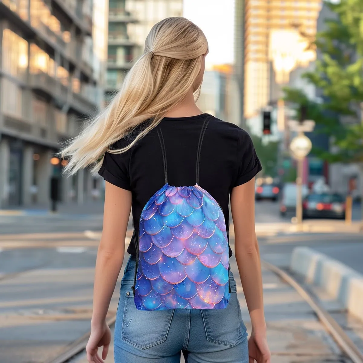 Mermaid Scale Drawstring Backpack 13"X16" Glitter Blue Gradient Sackpack for Gym Sports Fantasy Marine Life Waterproof String Bag for Women Men