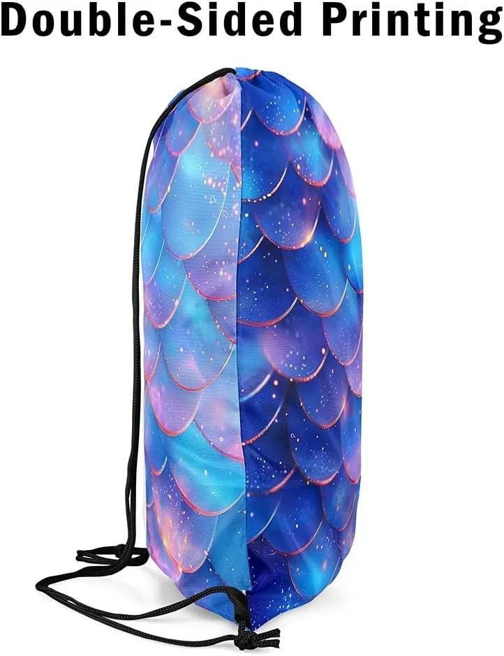 Mermaid Scale Drawstring Backpack 13"X16" Glitter Blue Gradient Sackpack for Gym Sports Fantasy Marine Life Waterproof String Bag for Women Men