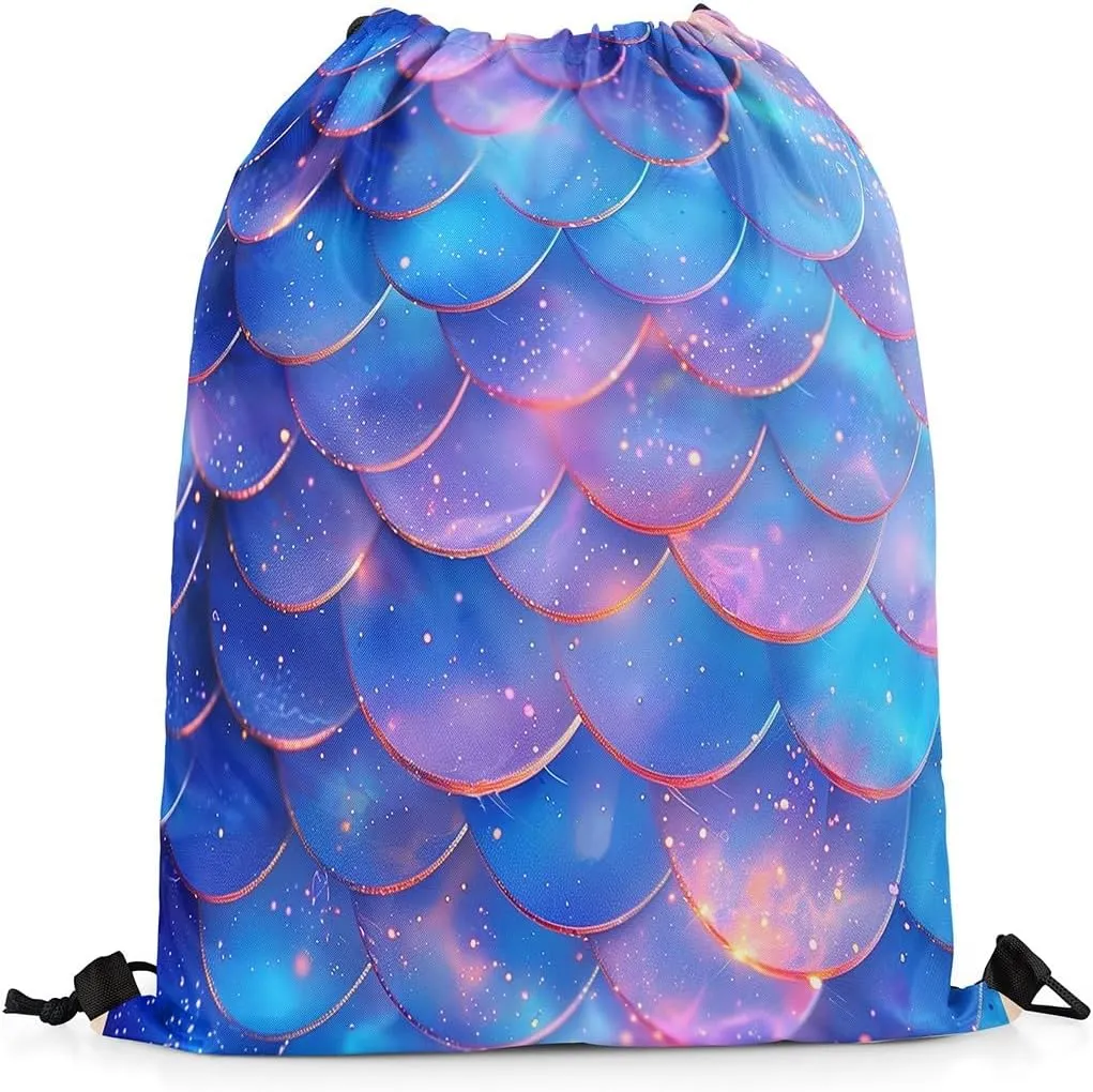 Mermaid Scale Drawstring Backpack 13"X16" Glitter Blue Gradient Sackpack for Gym Sports Fantasy Marine Life Waterproof String Bag for Women Men