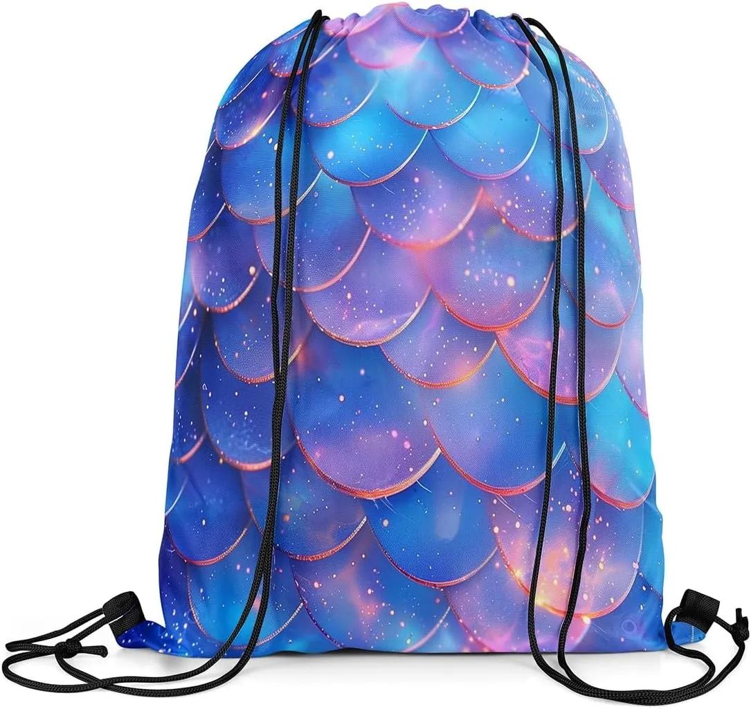 Mermaid Scale Drawstring Backpack 13"X16" Glitter Blue Gradient Sackpack for Gym Sports Fantasy Marine Life Waterproof String Bag for Women Men
