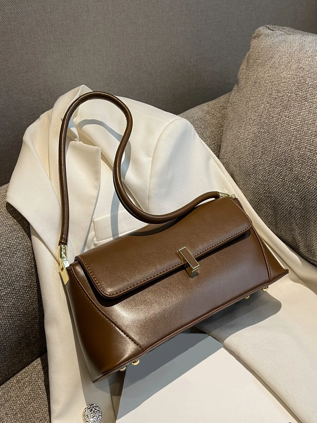Metal Decor Flap Baguette Bag