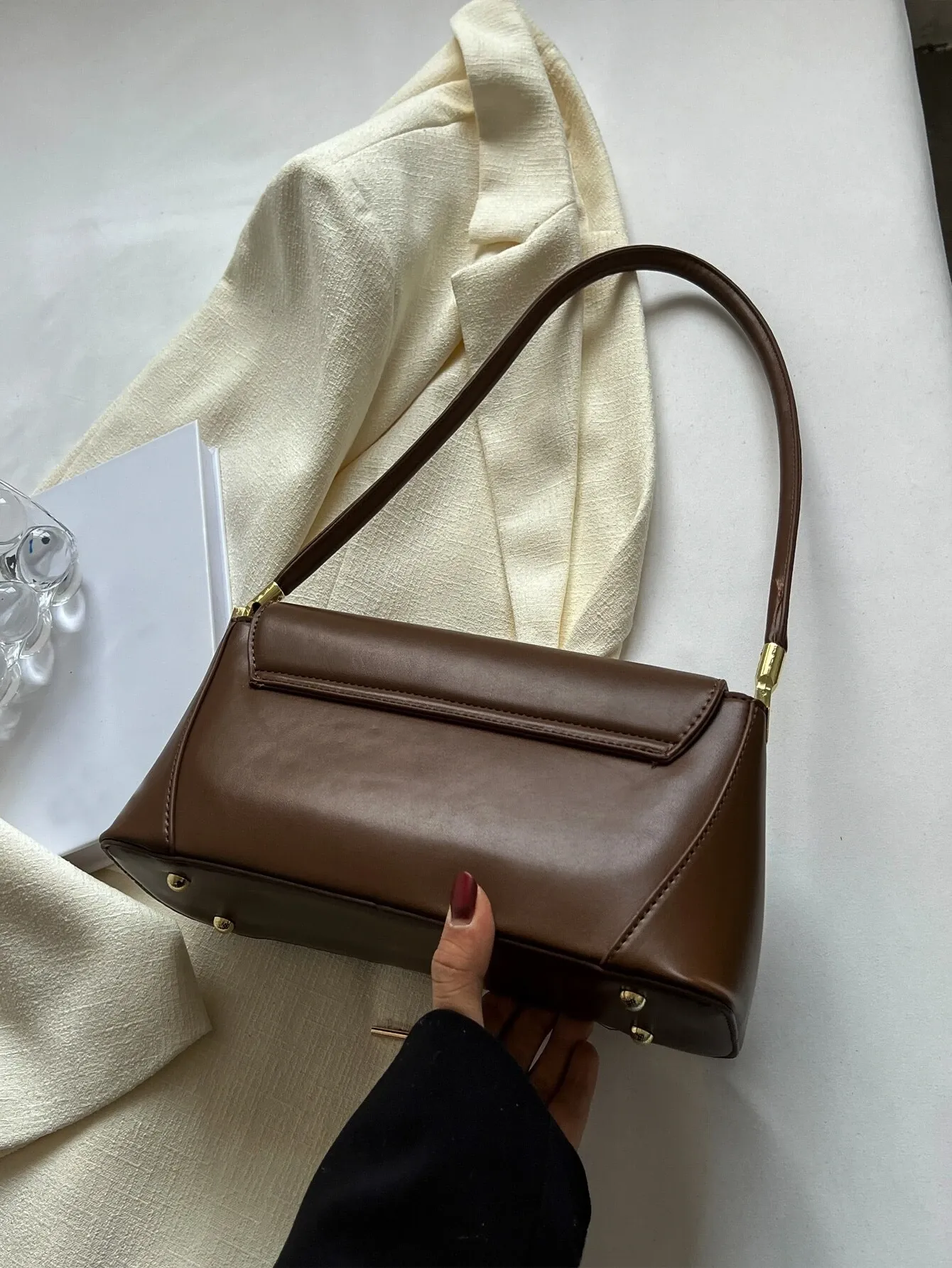 Metal Decor Flap Baguette Bag