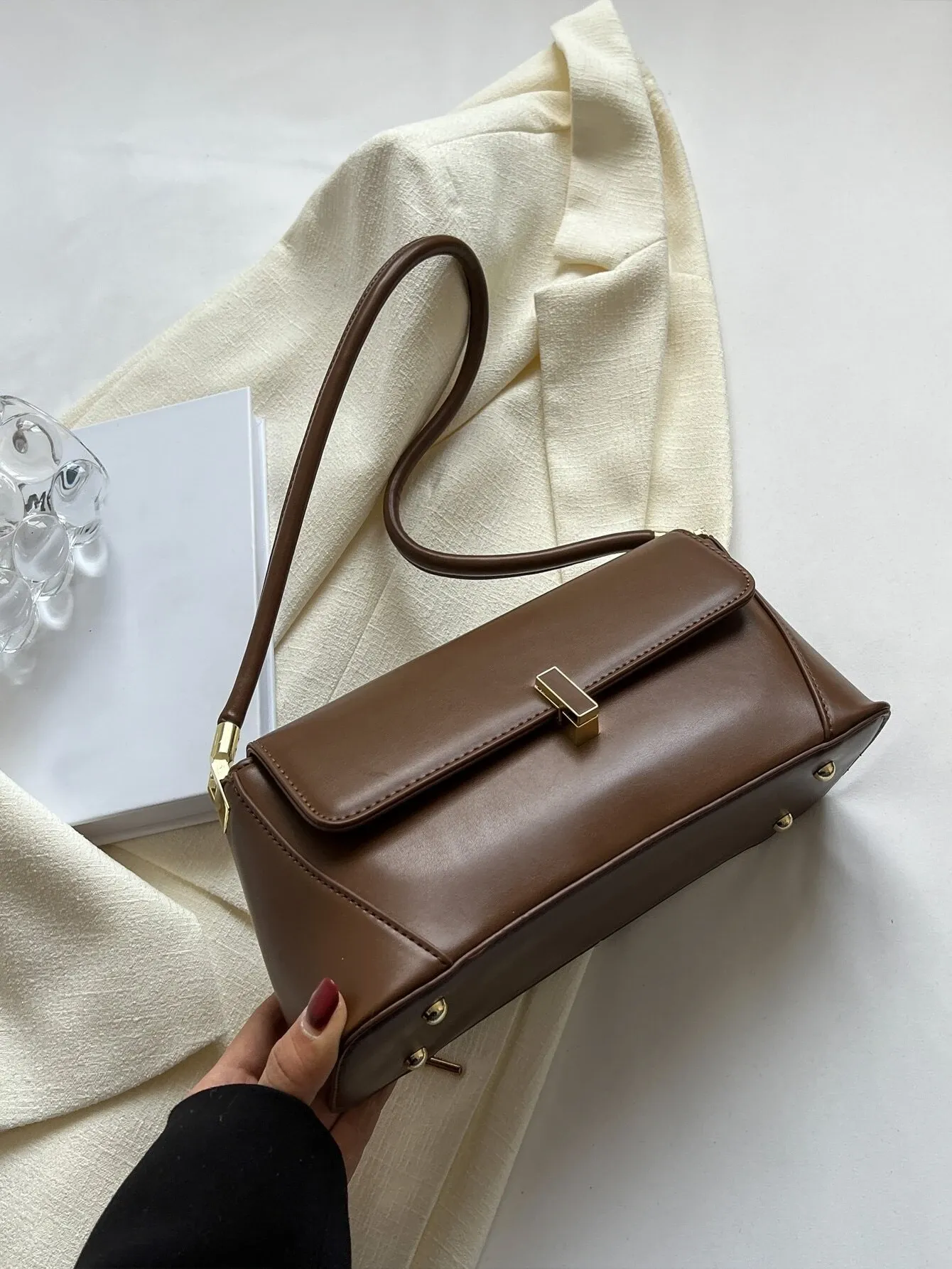 Metal Decor Flap Baguette Bag