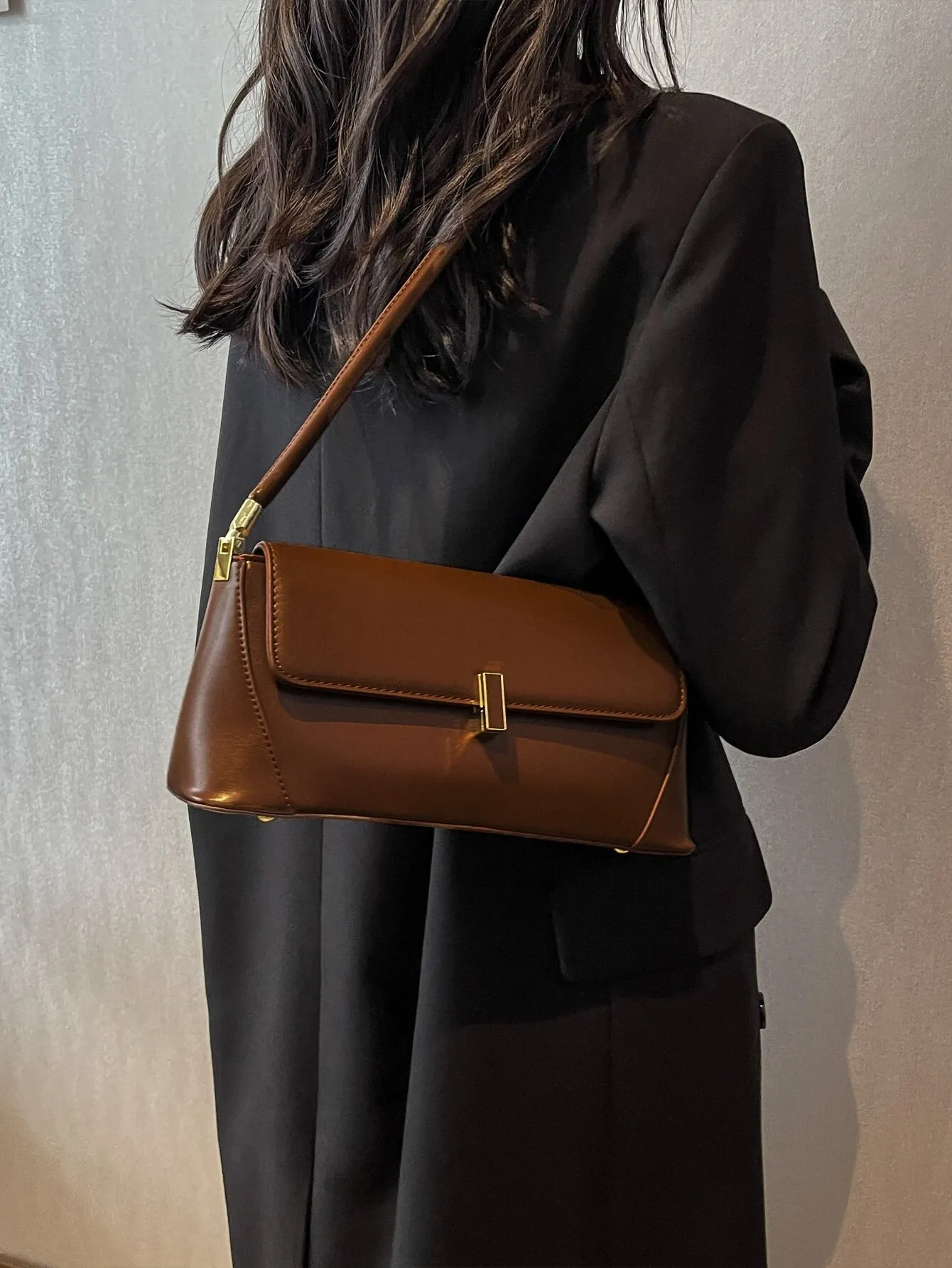 Metal Decor Flap Baguette Bag