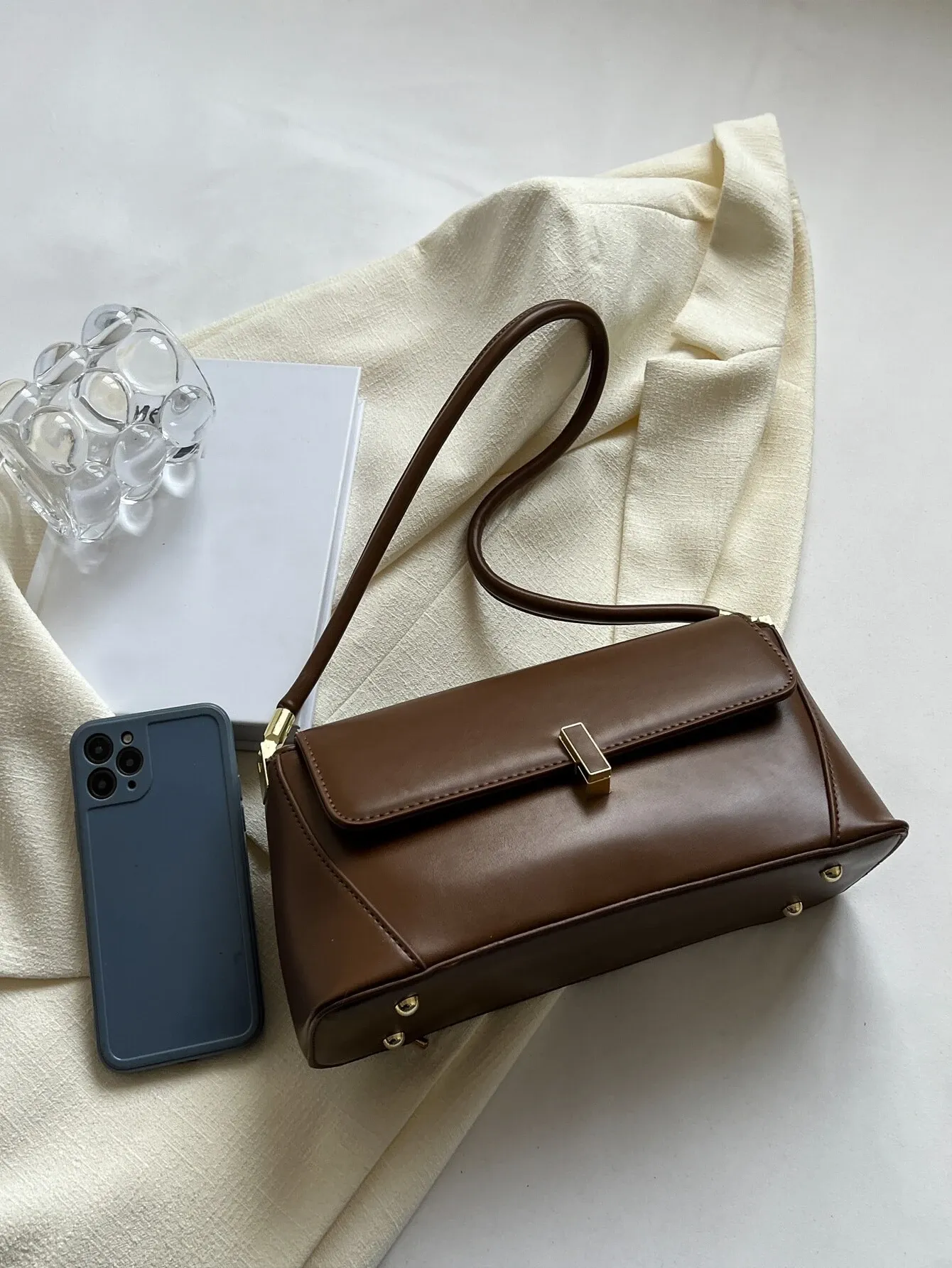 Metal Decor Flap Baguette Bag