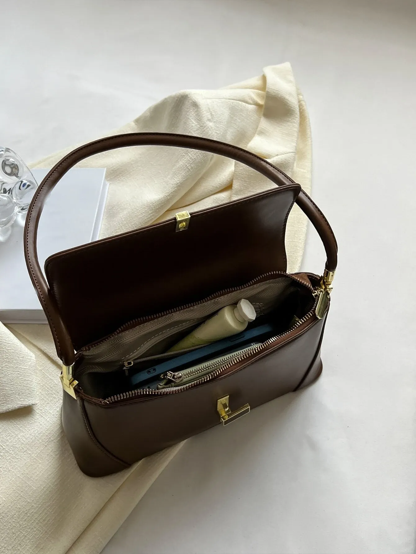 Metal Decor Flap Baguette Bag