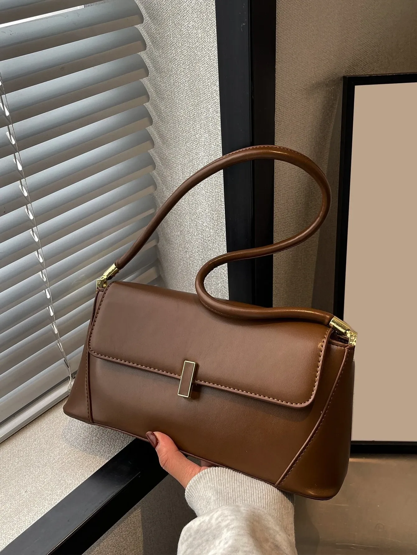 Metal Decor Flap Baguette Bag