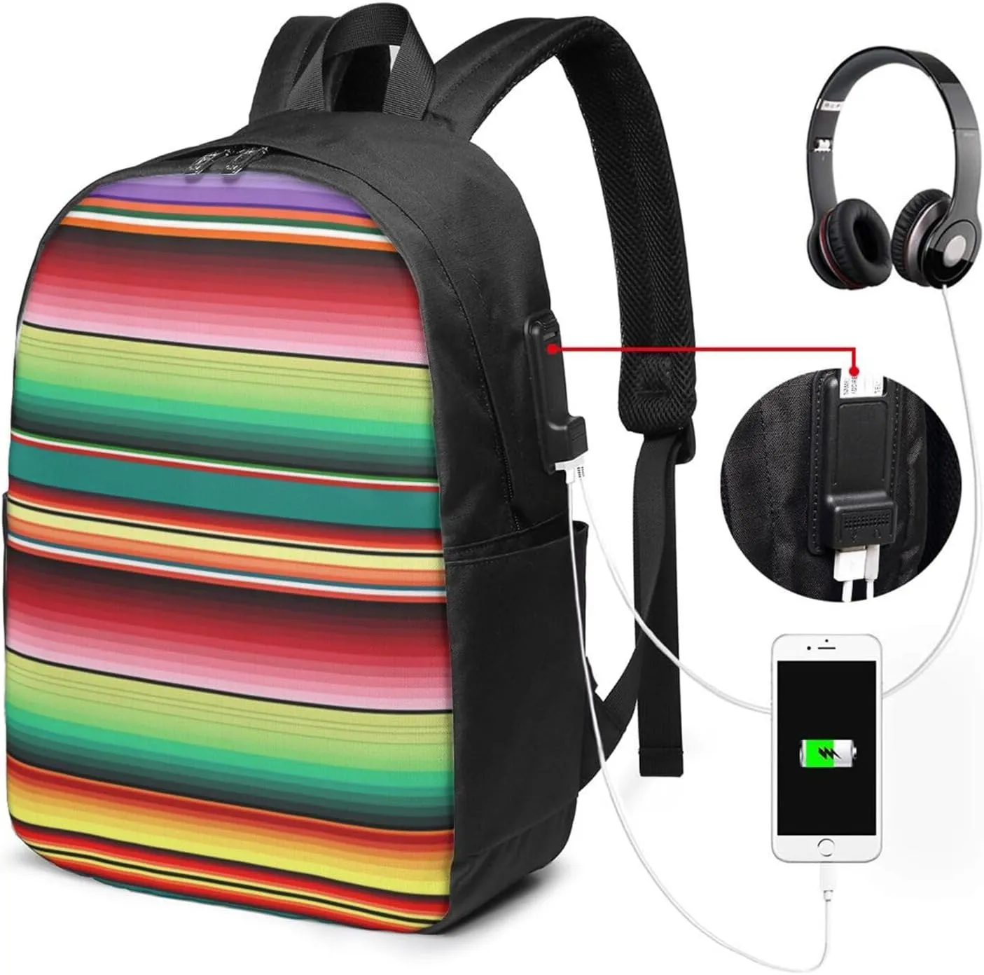 Mexican Colorful Stripe Laptop Backpacks Travel Backpack Casual Business Daypack Sport Rucksack Computer Bag Fits up to 17 Inch Notebook with USB Port
