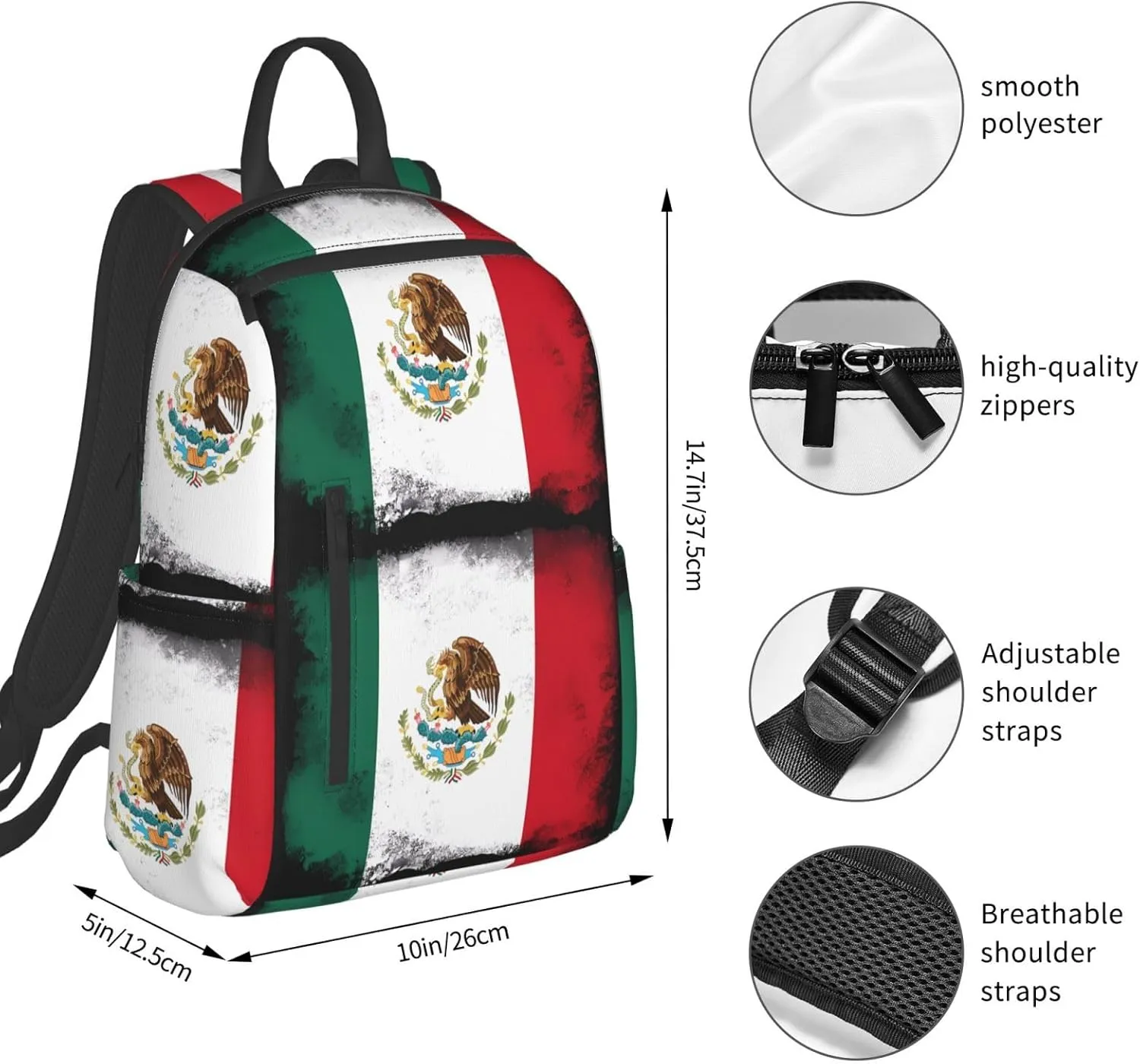 Mexico Mexican Eagle Flag Travel Backpacks Casual Laptop Backpack Sport Rucksack Large Capacity Daypack Multi-Pockets Adjustable Strap Bag for Working Hiking