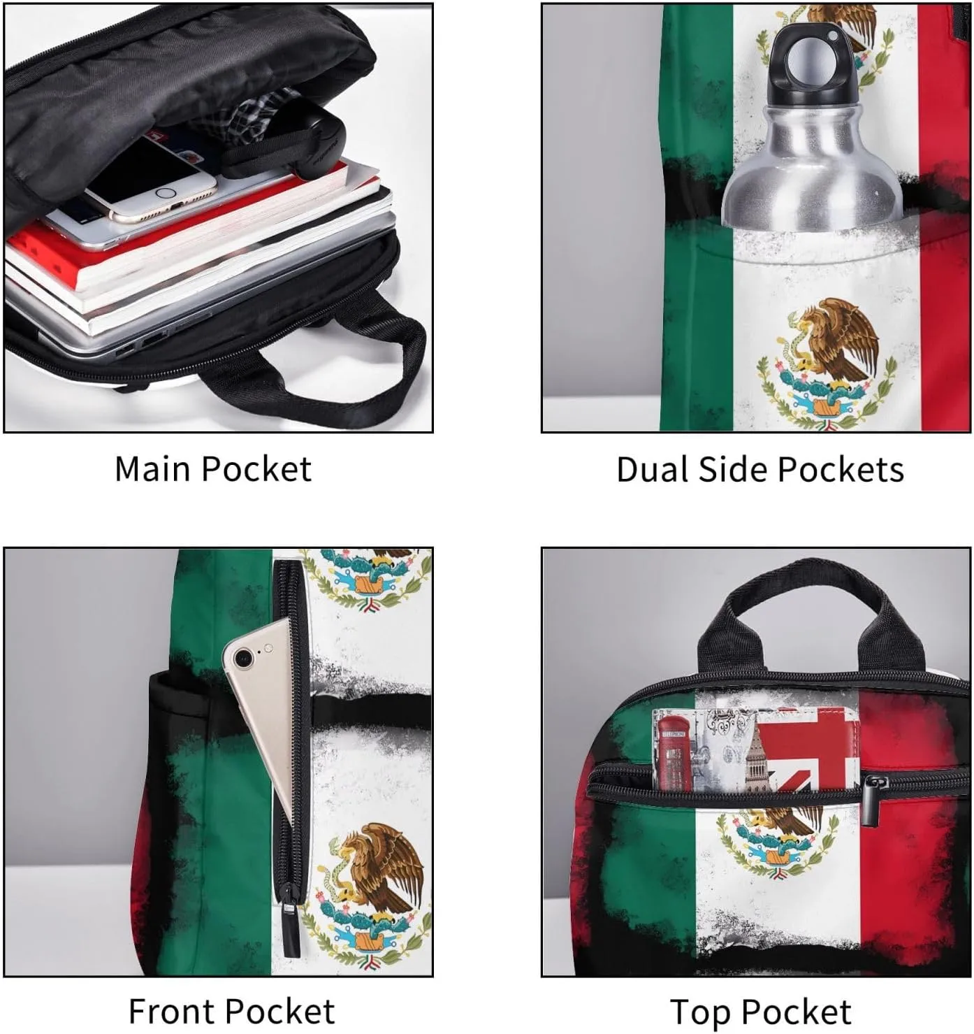 Mexico Mexican Eagle Flag Travel Backpacks Casual Laptop Backpack Sport Rucksack Large Capacity Daypack Multi-Pockets Adjustable Strap Bag for Working Hiking
