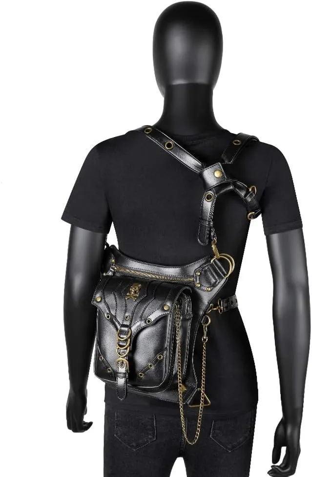 Micoklinlin Fanny Pack Crossbody Bags for Women Men Steampunk Skull Waist Bag Gothic Chest Bag Waterproof Unisex Hip Thigh Pouch Rivet Leg Bag for Motorcycle Bike Cycling Travel