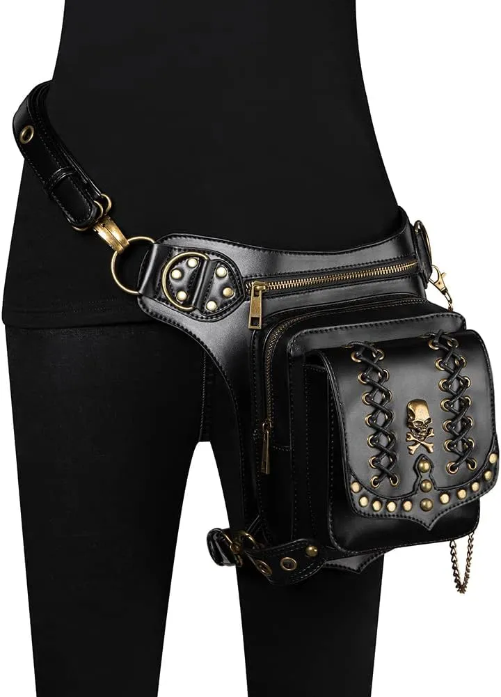 Micoklinlin Fanny Pack Crossbody Bags for Women Men Steampunk Skull Waist Bag Gothic Chest Bag Waterproof Unisex Hip Thigh Pouch Rivet Leg Bag for Motorcycle Bike Cycling Travel