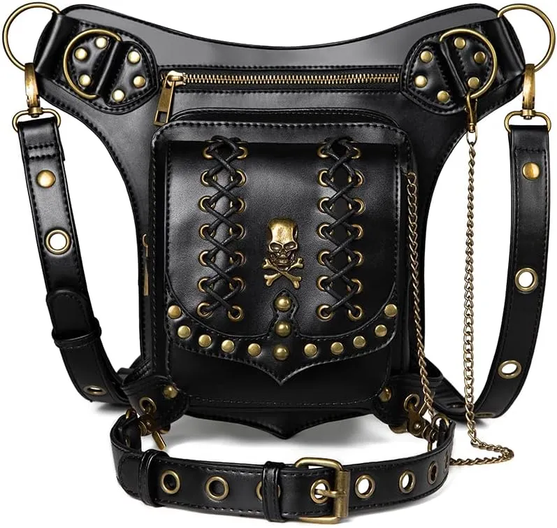 Micoklinlin Fanny Pack Crossbody Bags for Women Men Steampunk Skull Waist Bag Gothic Chest Bag Waterproof Unisex Hip Thigh Pouch Rivet Leg Bag for Motorcycle Bike Cycling Travel