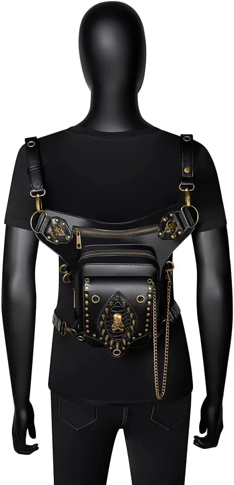 Micoklinlin Fanny Pack Crossbody Bags for Women Men Steampunk Skull Waist Bag Gothic Chest Bag Waterproof Unisex Hip Thigh Pouch Rivet Leg Bag for Motorcycle Bike Cycling Travel