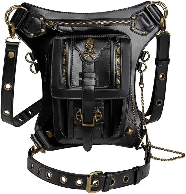 Micoklinlin Fanny Pack Crossbody Bags for Women Men Steampunk Skull Waist Bag Gothic Chest Bag Waterproof Unisex Hip Thigh Pouch Rivet Leg Bag for Motorcycle Bike Cycling Travel