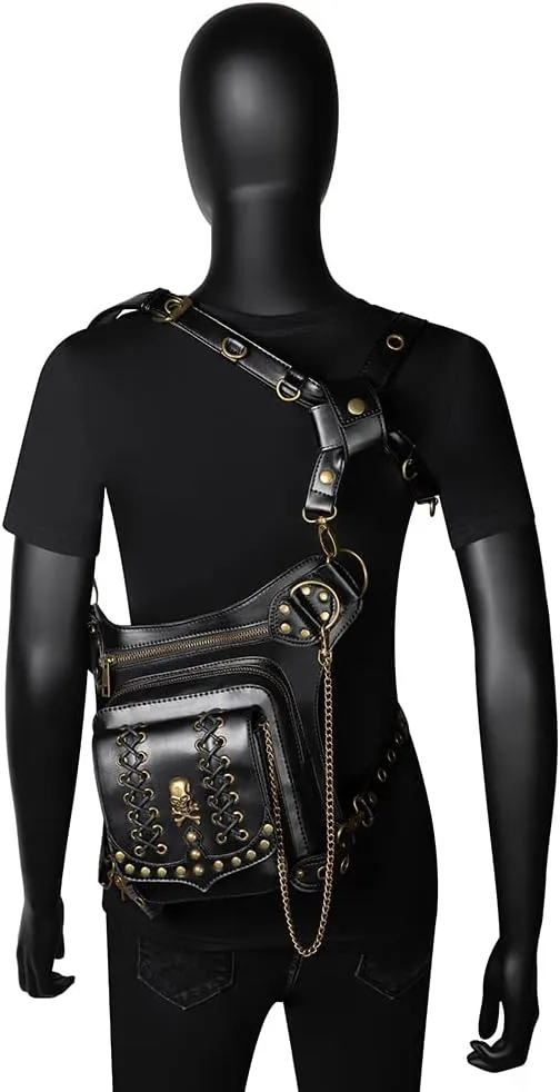 Micoklinlin Fanny Pack Crossbody Bags for Women Men Steampunk Skull Waist Bag Gothic Chest Bag Waterproof Unisex Hip Thigh Pouch Rivet Leg Bag for Motorcycle Bike Cycling Travel