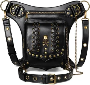 Micoklinlin Fanny Pack Crossbody Bags for Women Men Steampunk Skull Waist Bag Gothic Chest Bag Waterproof Unisex Hip Thigh Pouch Rivet Leg Bag for Motorcycle Bike Cycling Travel