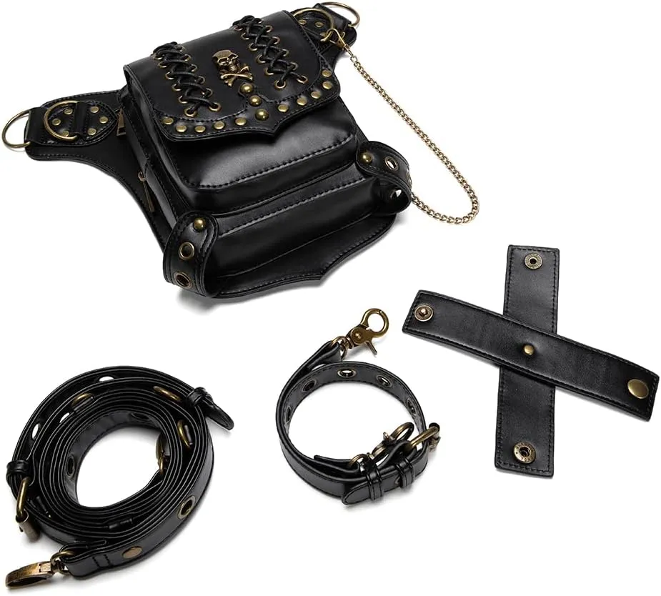 Micoklinlin Fanny Pack Crossbody Bags for Women Men Steampunk Skull Waist Bag Gothic Chest Bag Waterproof Unisex Hip Thigh Pouch Rivet Leg Bag for Motorcycle Bike Cycling Travel
