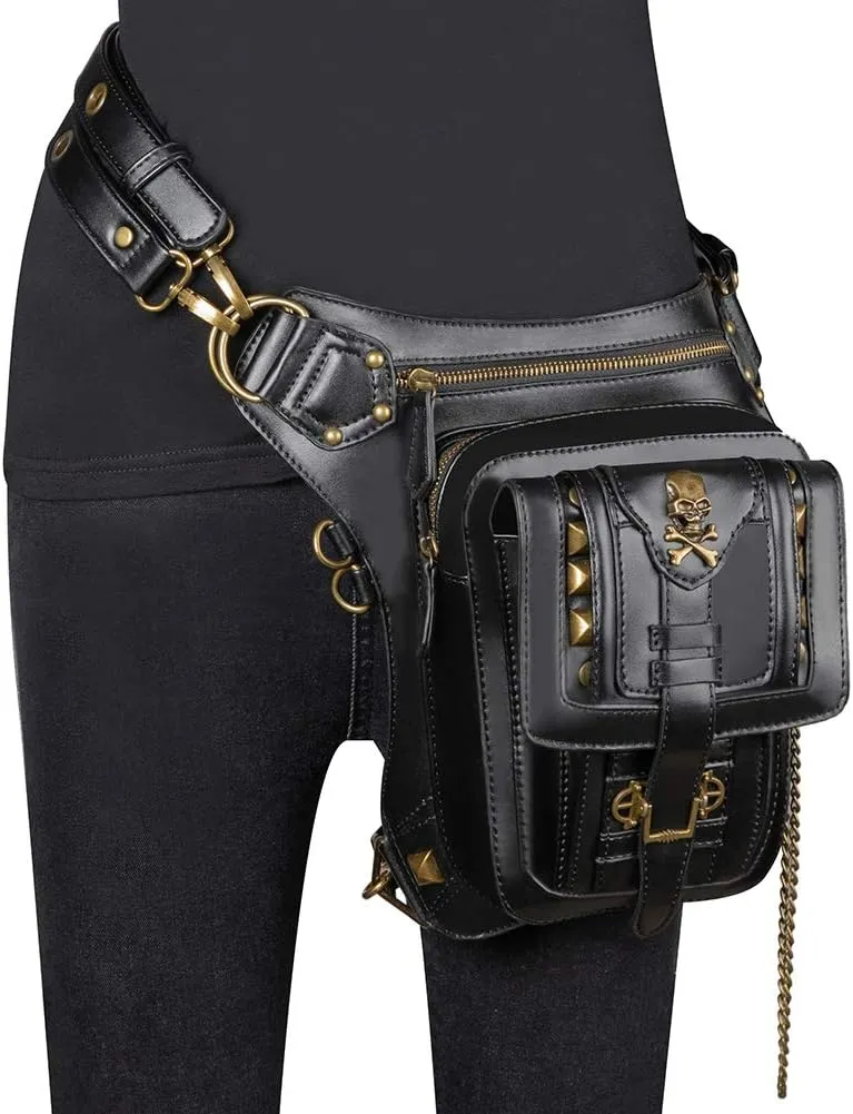 Micoklinlin Fanny Pack Crossbody Bags for Women Men Steampunk Skull Waist Bag Gothic Chest Bag Waterproof Unisex Hip Thigh Pouch Rivet Leg Bag for Motorcycle Bike Cycling Travel