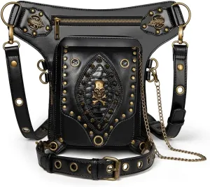 Micoklinlin Fanny Pack Crossbody Bags for Women Men Steampunk Skull Waist Bag Gothic Chest Bag Waterproof Unisex Hip Thigh Pouch Rivet Leg Bag for Motorcycle Bike Cycling Travel