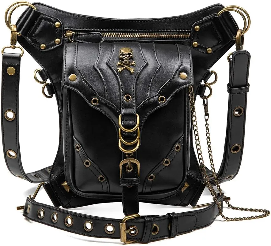 Micoklinlin Fanny Pack Crossbody Bags for Women Men Steampunk Skull Waist Bag Gothic Chest Bag Waterproof Unisex Hip Thigh Pouch Rivet Leg Bag for Motorcycle Bike Cycling Travel