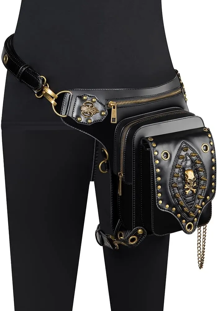 Micoklinlin Fanny Pack Crossbody Bags for Women Men Steampunk Skull Waist Bag Gothic Chest Bag Waterproof Unisex Hip Thigh Pouch Rivet Leg Bag for Motorcycle Bike Cycling Travel