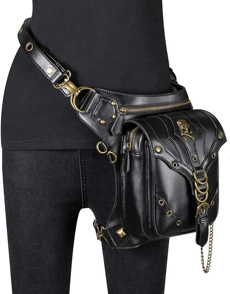 Micoklinlin Fanny Pack Crossbody Bags for Women Men Steampunk Skull Waist Bag Gothic Chest Bag Waterproof Unisex Hip Thigh Pouch Rivet Leg Bag for Motorcycle Bike Cycling Travel