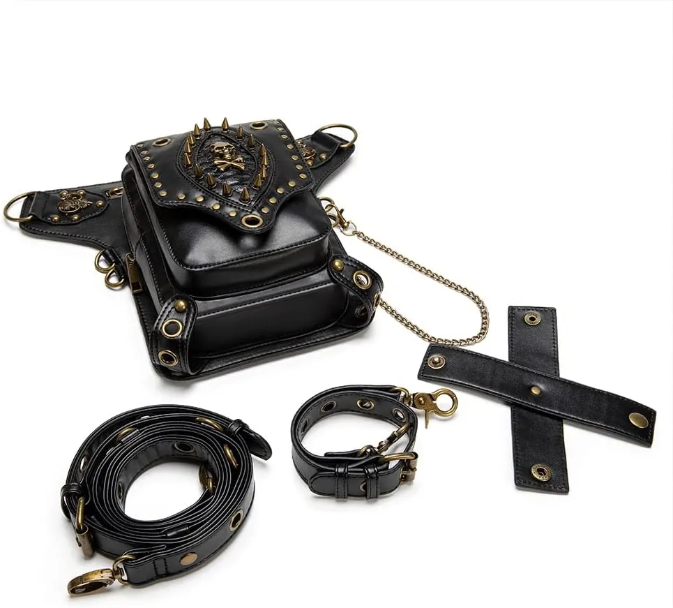 Micoklinlin Fanny Pack Crossbody Bags for Women Men Steampunk Skull Waist Bag Gothic Chest Bag Waterproof Unisex Hip Thigh Pouch Rivet Leg Bag for Motorcycle Bike Cycling Travel
