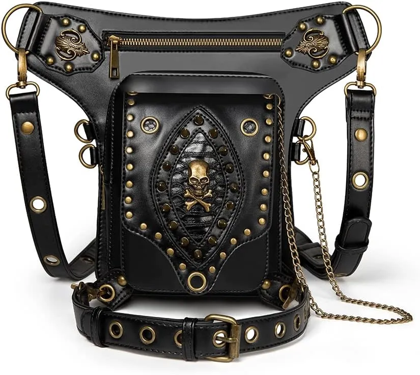 Micoklinlin Fanny Pack Crossbody Bags for Women Men Steampunk Skull Waist Bag Gothic Chest Bag Waterproof Unisex Hip Thigh Pouch Rivet Leg Bag for Motorcycle Bike Cycling Travel