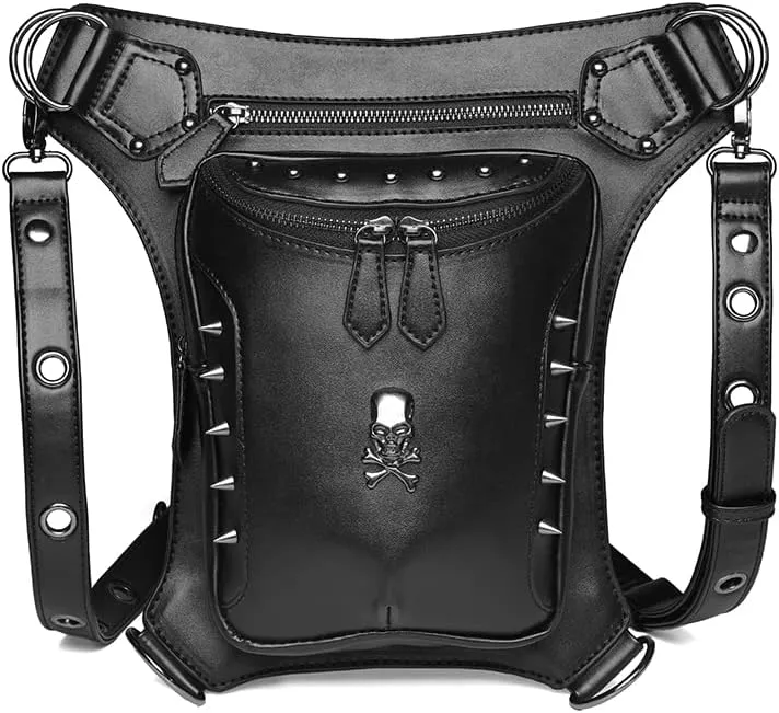 Micoklinlin Fanny Pack Crossbody Bags for Women Men Steampunk Skull Waist Bag Gothic Chest Bag Waterproof Unisex Hip Thigh Pouch Rivet Leg Bag for Motorcycle Bike Cycling Travel