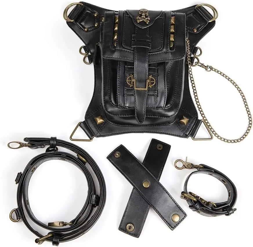 Micoklinlin Fanny Pack Crossbody Bags for Women Men Steampunk Skull Waist Bag Gothic Chest Bag Waterproof Unisex Hip Thigh Pouch Rivet Leg Bag for Motorcycle Bike Cycling Travel