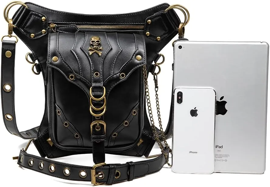 Micoklinlin Fanny Pack Crossbody Bags for Women Men Steampunk Skull Waist Bag Gothic Chest Bag Waterproof Unisex Hip Thigh Pouch Rivet Leg Bag for Motorcycle Bike Cycling Travel