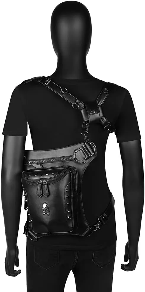 Micoklinlin Fanny Pack Crossbody Bags for Women Men Steampunk Skull Waist Bag Gothic Chest Bag Waterproof Unisex Hip Thigh Pouch Rivet Leg Bag for Motorcycle Bike Cycling Travel