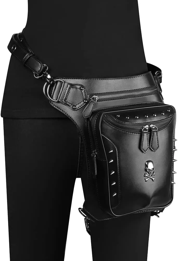 Micoklinlin Fanny Pack Crossbody Bags for Women Men Steampunk Skull Waist Bag Gothic Chest Bag Waterproof Unisex Hip Thigh Pouch Rivet Leg Bag for Motorcycle Bike Cycling Travel