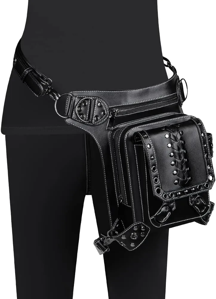 Micoklinlin PU Leather Waist Drop Leg Bag Punk Big Motorcycle Cycling Hiking Fanny Pack Waterproof Fanny Pack Crossbody Bags for Women Men Hip Thigh Pouch Rivet Leg Bag Purse