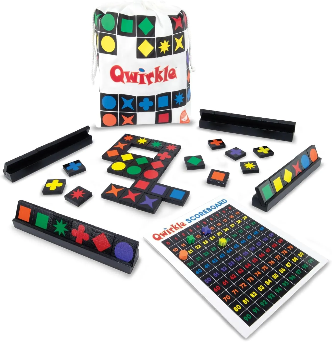 MindWare Qwirkle Gift Version - Includes 108 Wooden Tiles, Scoreboard and 4 Wooden Tile Racks in a Drawstring Bag