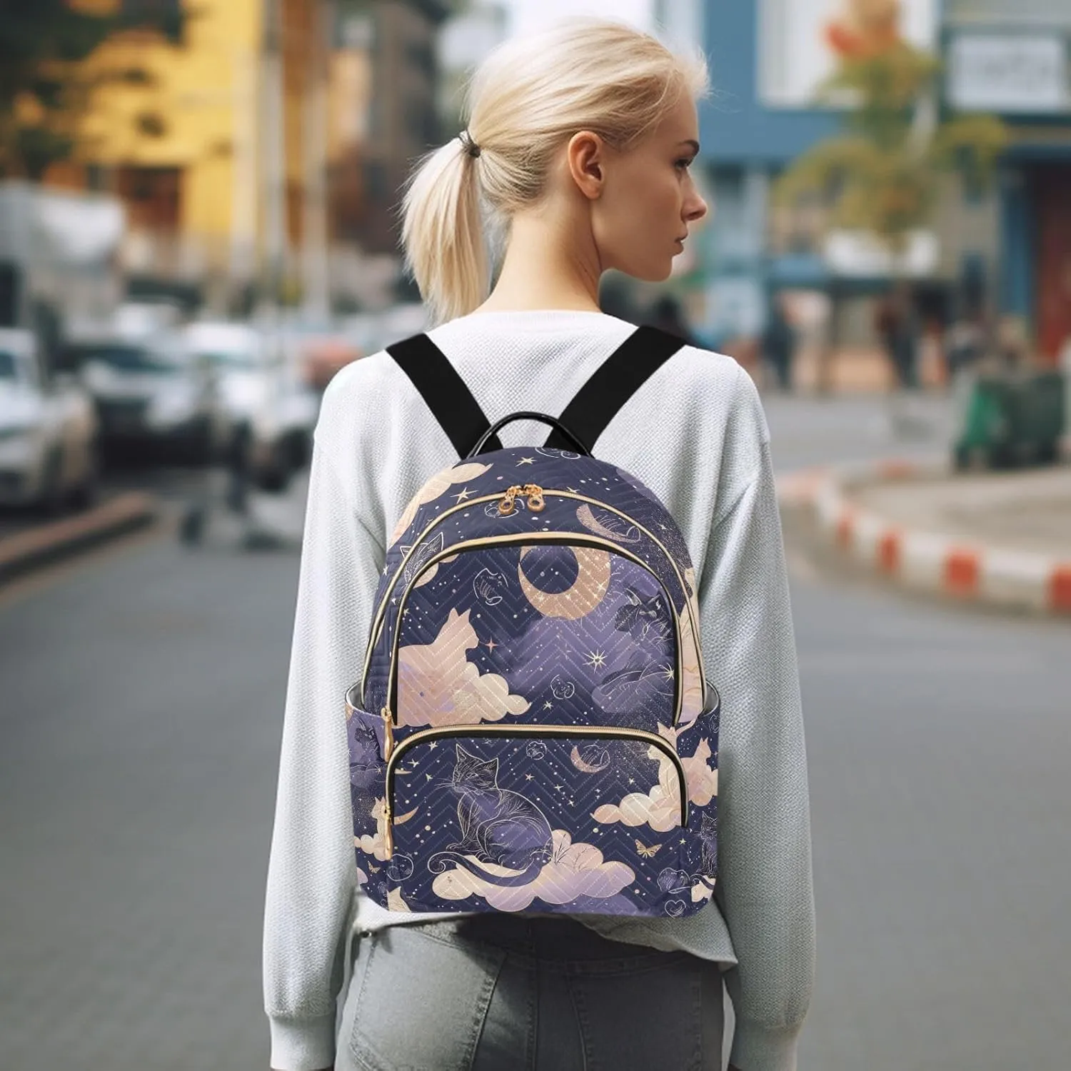 Mini Backpack Purse for Women, Galaxy Cat Travel Bag Casual Daypack Shoulder Bag