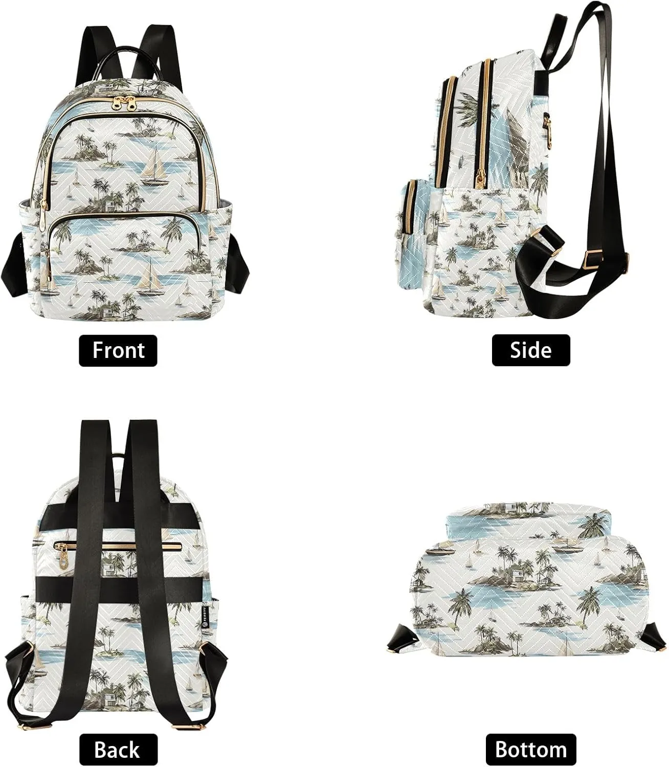 Mini Backpack Purse for Women, Palm Tree Sailboat House Pattern Travel Bag Casual Daypack Shoulder Bag